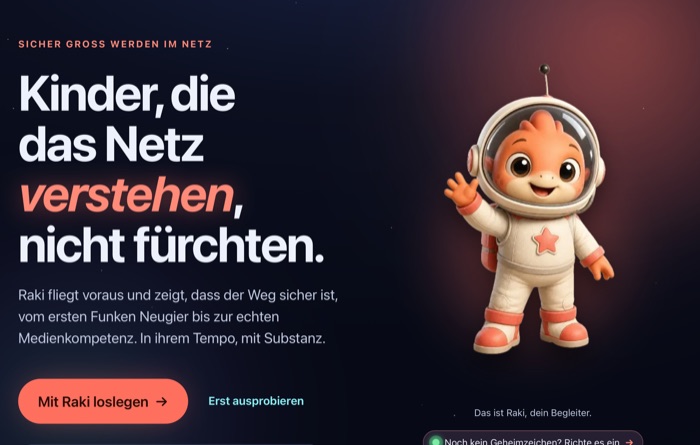 Startseite von mindlaunch.de: die Zeile Kinder, die das Netz verstehen, nicht fürchten, daneben die Figur Raki im Raumanzug.